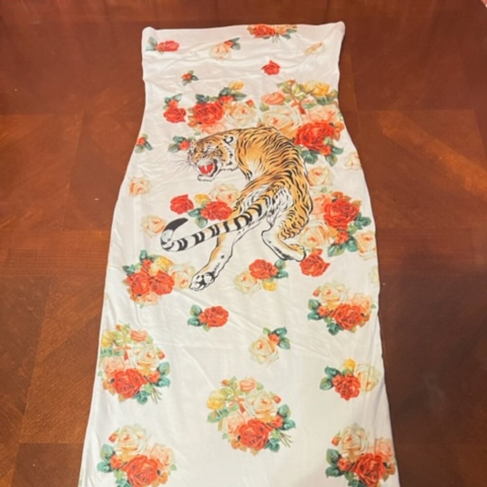 Tiger Print Floral  Dress Miroh Strapless Tube Soft Stretch‎ Midi women fashion
